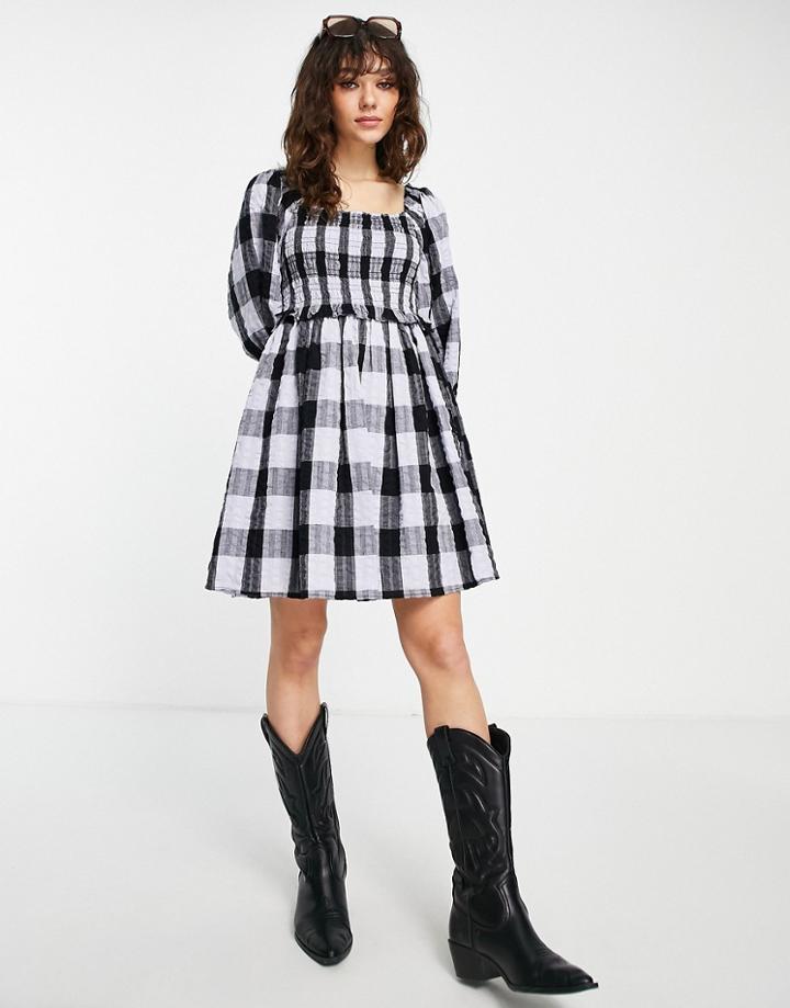Topshop Shirring Seersucker Check Puff Sleeve Mini Dress In Blue