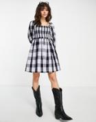Topshop Shirring Seersucker Check Puff Sleeve Mini Dress In Blue