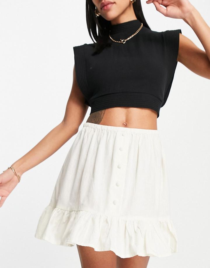 Asos Design Linen Button Through Flippy Mini Skirt With Tie Waist In Cream-white