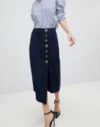 Asos Design Side Button Pencil Skirt With Asymmetric Hem - Navy
