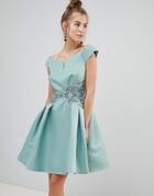 Little Mistress Bardot Prom Dress With Metallic Embroidered Waist - Green