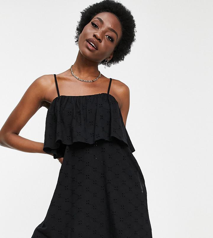 Asos Design Tall Broderie Strappy Overlayer Mini Dress In Black