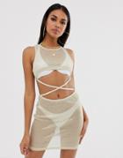 Asos Design Knitted Gold Jersey Mesh Beach Sundress With Supercrop Cutout & Lattice Waist