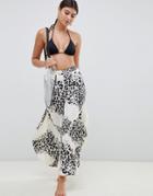 Asos Design Split Frill Wide Leg Beach Pants In Mono Animal - Multi