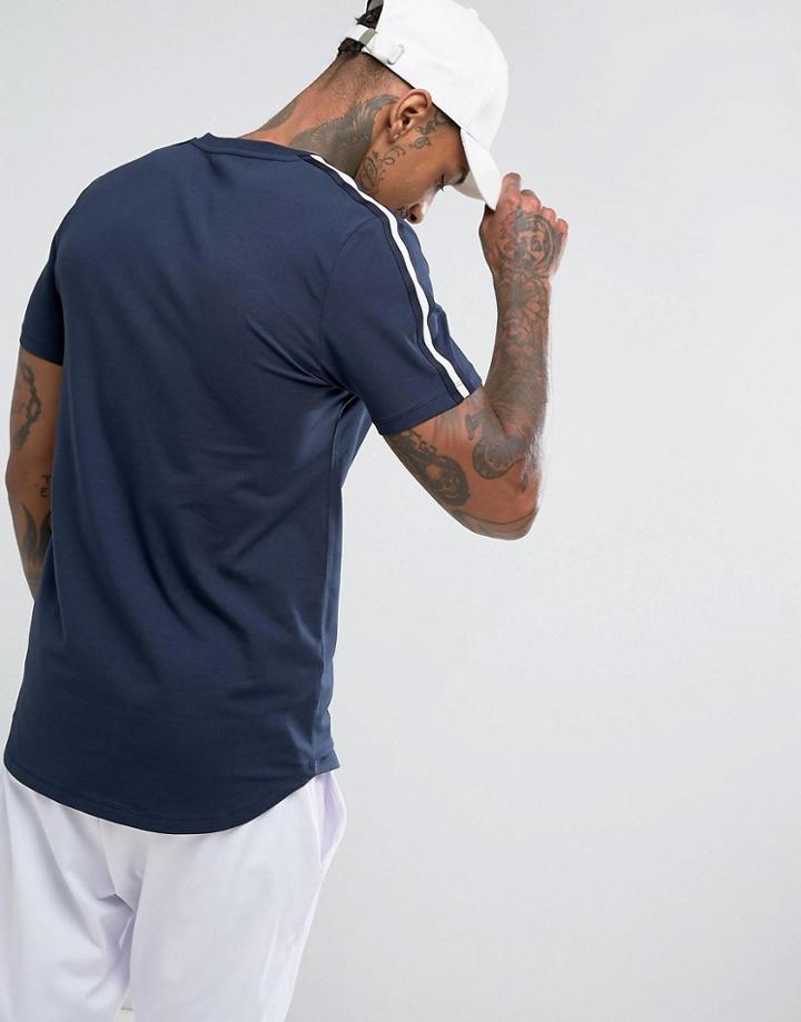 Asos Longline Muscle T-shirt With Curved Hem And Shoulder Taping In Navy - Navy
