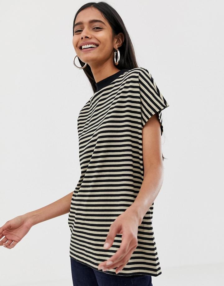 Weekday Prime T-shirt In Black And Beige Stripes - Beige