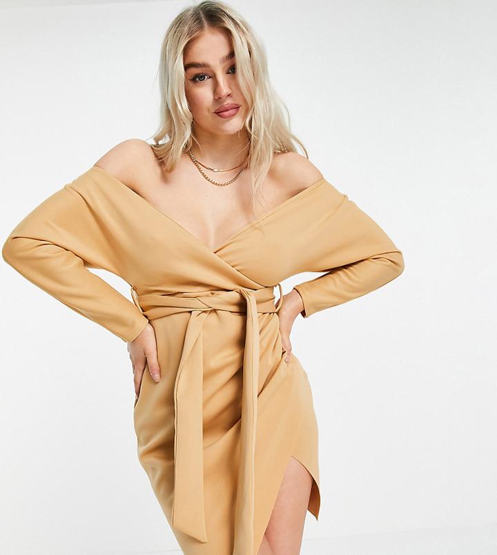 Asos Design Petite Bardot Wrap Batwing Sleeve Midi Dress With Self Tie Belt In Beige-multi