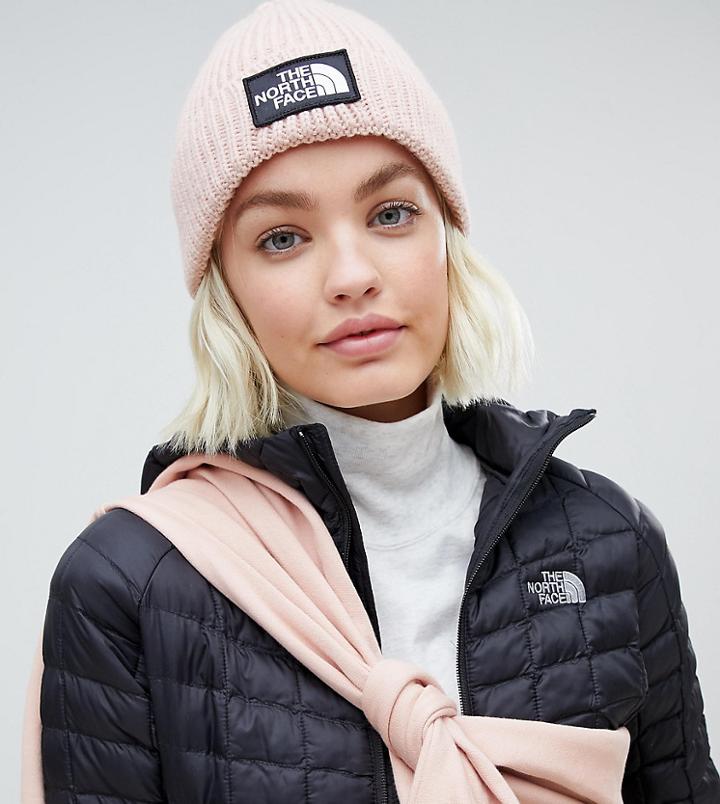 The North Face Logo Box Cuffed Beanie Hat In Pink - Pink