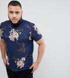 Asos Design Plus Polo With All Over Floral Skull Print - Navy