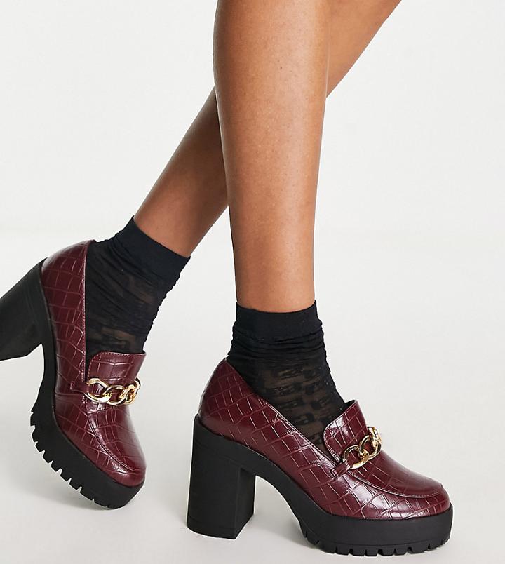 London Rebel Wide Fit Chunky Heeled Loafers In Red Croc