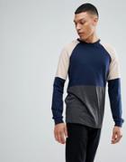 Asos Longline Long Sleeve T-shirt In Navy Color Block - Navy