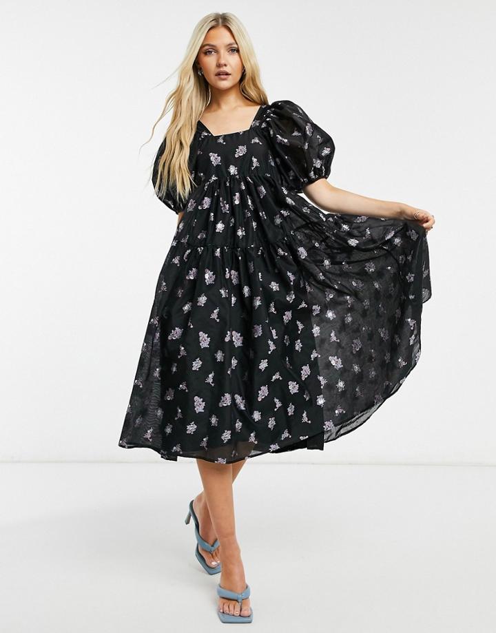 Dream Sister Jane Midi Smock Dress With Puff Sleeves In Floral Organza-multi