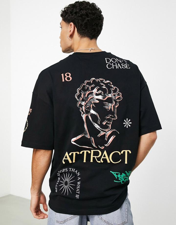 Bershka Oversized Printed Abstract T-shirt In Black