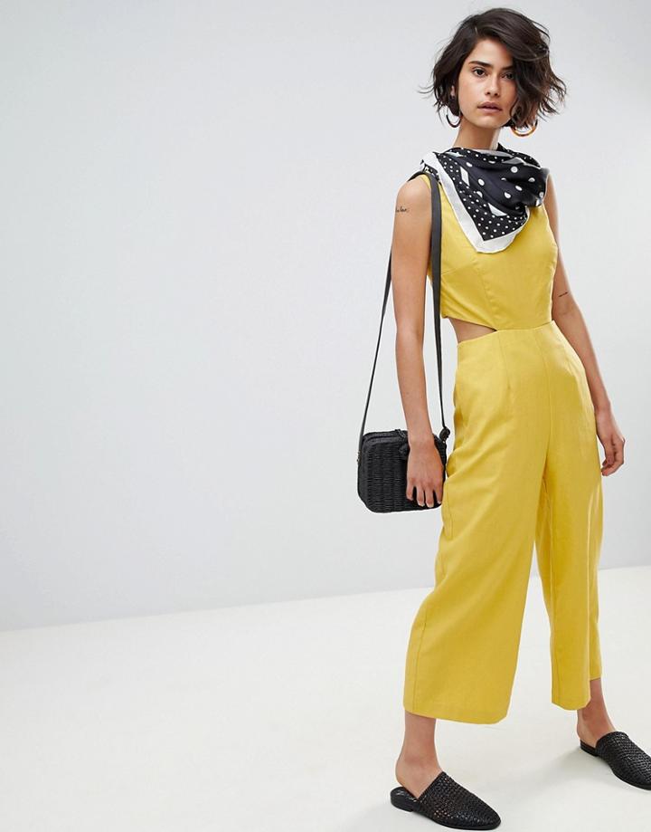 Warehouse Linen Cut Out Detail Culotte Jumpsuit - Yellow