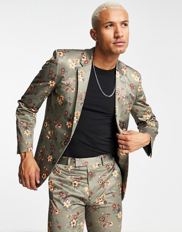 Asos Design Skinny Suit Jacket In Brown Floral Print