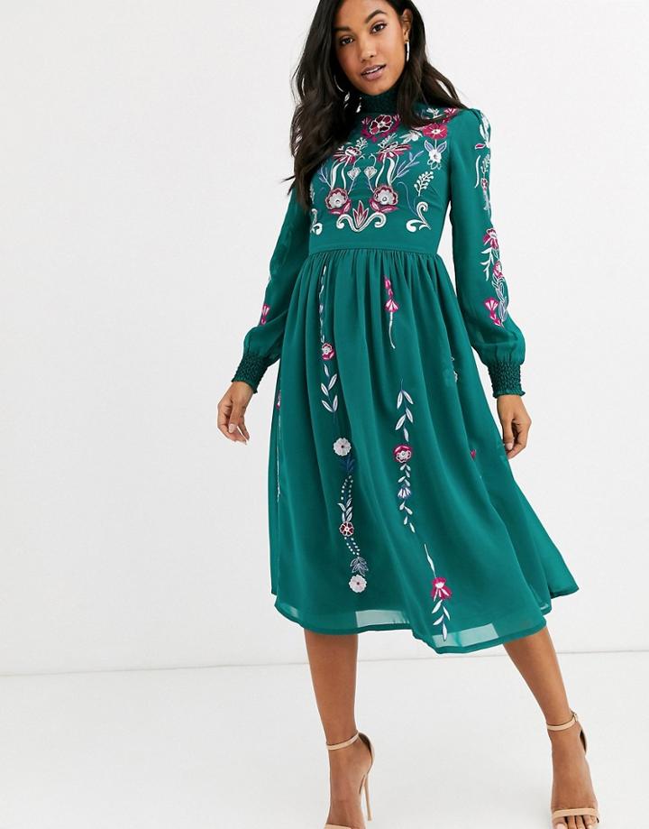 Frock & Frill Long Sleeve High Neck Embroidered Midi Dress-green