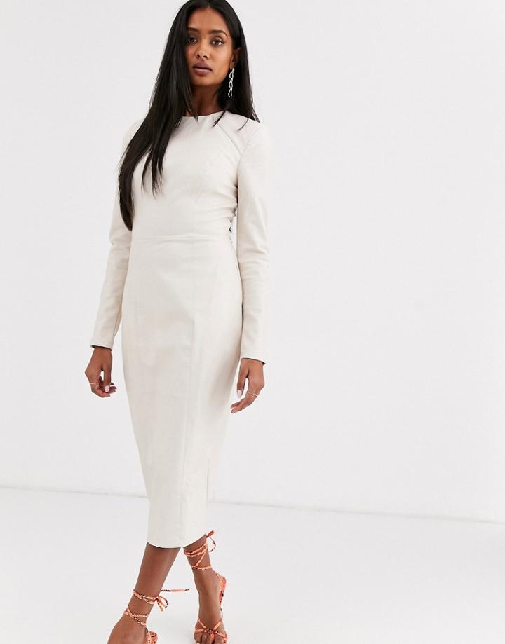 Asos Design Leather Look Long Sleeve Midi Pencil Dress-cream