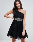 Little Mistress One Shoulder Skater Dress With Embellished Waistband - Black