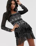 Asos Design Mini Dress With Silver Embellishment And Studded Fringe-multi