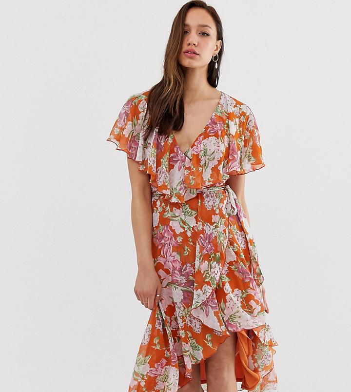 Asos Design Tall Midi Dress With Cape Back And Dipped Hem In Red Based Floral-multi