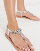 Asos Design Faraway Embellished T-bar Flat Sandals In Silver