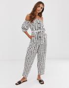 Asos Design Off Shoulder Button Front Jumpsuit With Tie Waist In Triangle Print-multi
