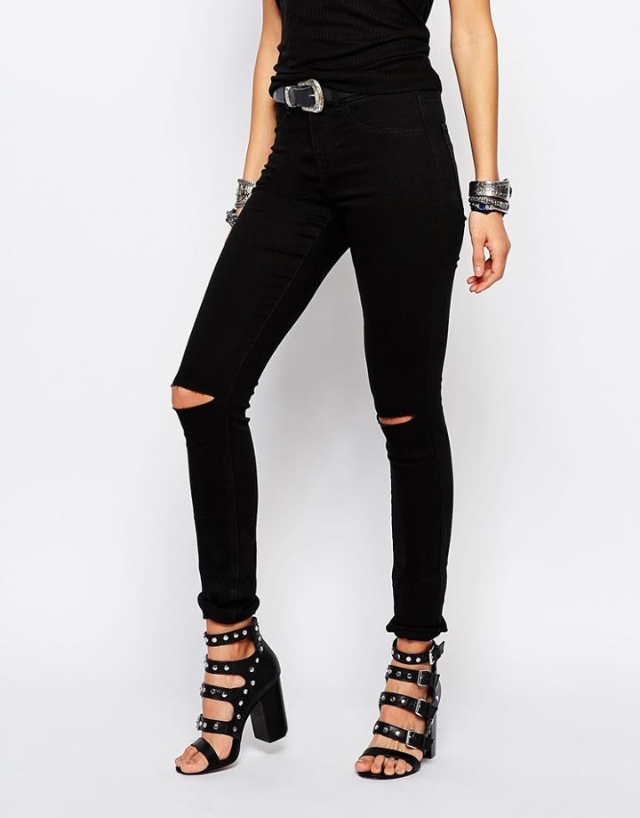 Noisy May Devil High Waist Skinny Jeans With Slit Knees - Black
