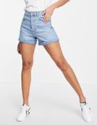 Bershka Denim Mom Short In Medium Blue-blues