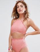 Asos Mix And Match Crochet High Neck Halter Crop Bikini Top - Pink