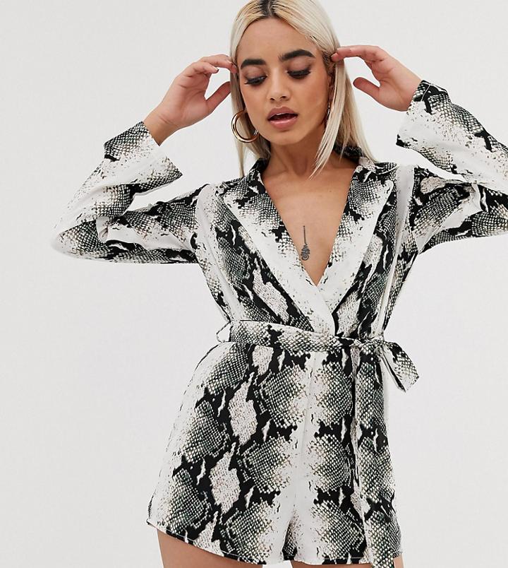 Boohoo Petite Exclusive Wrap Romper In Snake - Multi