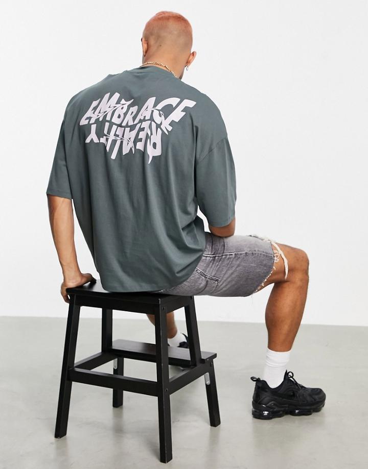 Asos Design Oversized T-shirt In Khaki With Back Text Print-green