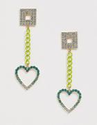 Asos Design Earrings With Color Pop Chain And Crystal Heart Drop - Multi