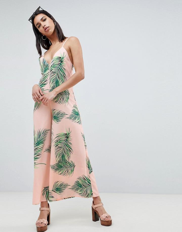 Asos Design Deep V Strap Back Jumpsuit In Tropical Print - Multi