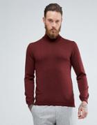 Asos Muscle Fit Merino Roll Neck Sweater In Burgundy - Red