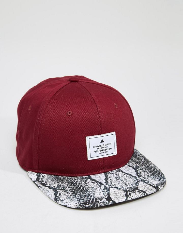 Asos Snapback Cap With Snake Print Peak - Burgundy