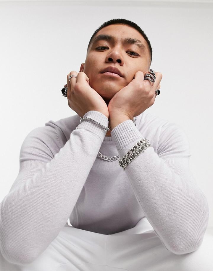 Asos Design Muscle Fit Merino Wool Crewneck Sweater In Ice Gray-grey
