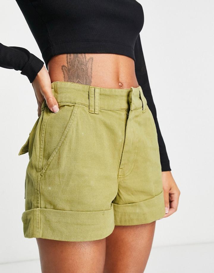 River Island Mid Rise Utility Shorts In Khaki-green
