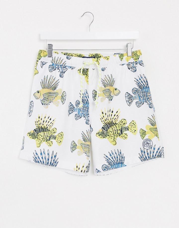 Original Penguin Volley Fish Print Swim Shorts In White
