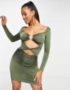 Asos Design Plunge Double Ring Ruched Long Sleeve Mini Dress In Khaki-green