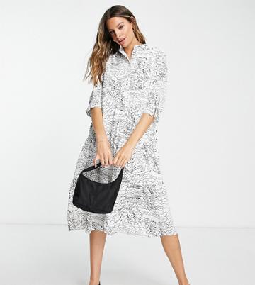 Lola May Tall Button Front Tiered Midi Dress In Monochrome Print-multi