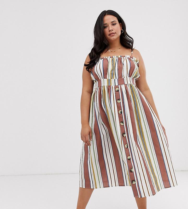 Asos Design Curve Cami Button Through Midi Linen Sundress In Stripe-multi