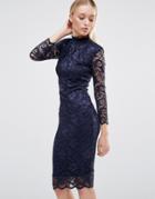City Goddess High Neck Lace Midi Dress With 3/4 Sleeves - Navy