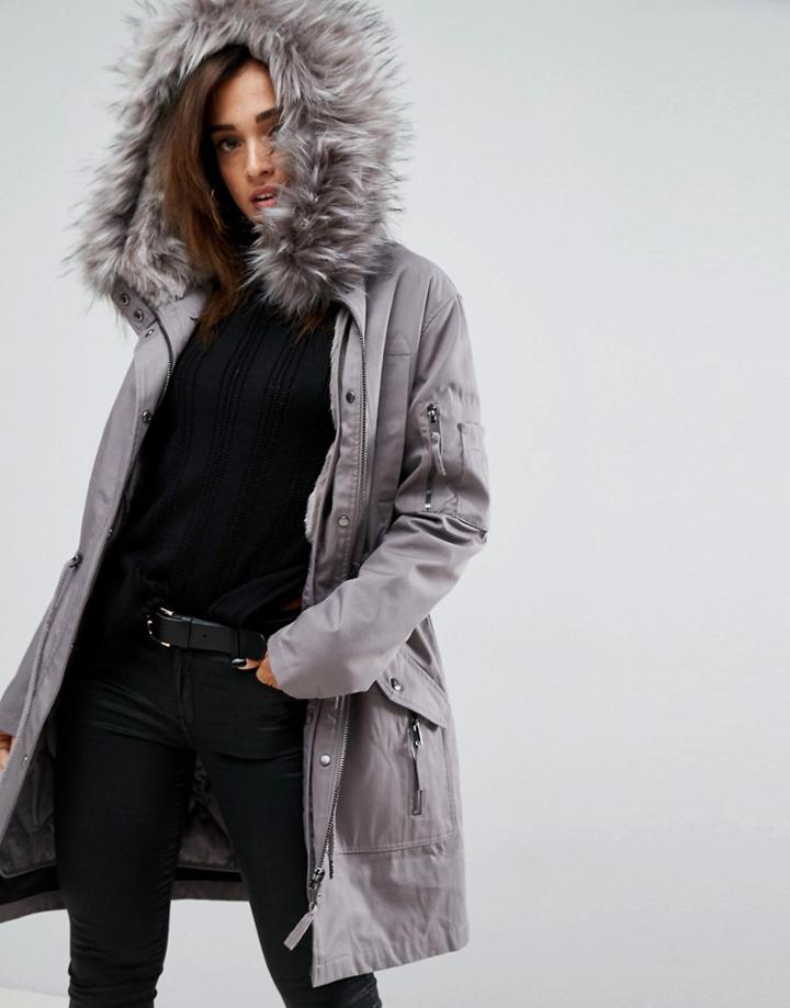 Asos Parka With Detachable Faux Fur Liner - Gray