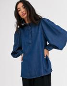 Selected Femme Denim Blouse With Balloon Sleeve