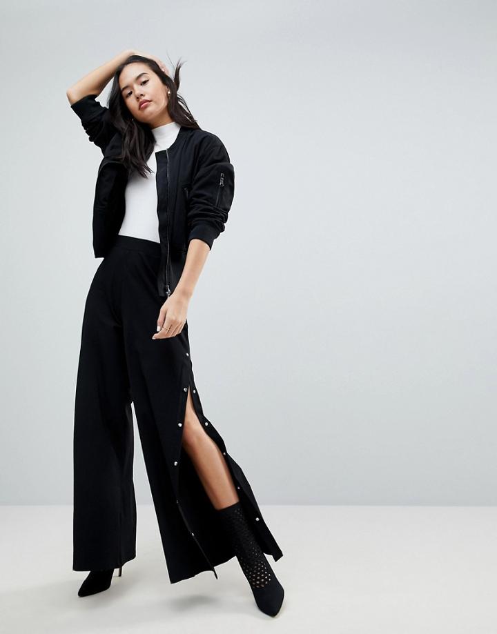 Asos Wide Leg Pants With Popper Split Detail - Black