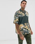 Asos Design Oversized Revere Polo With All Over Print And Color Block-green