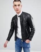 Replay Leather Biker Jacket With Zip Detail - Black