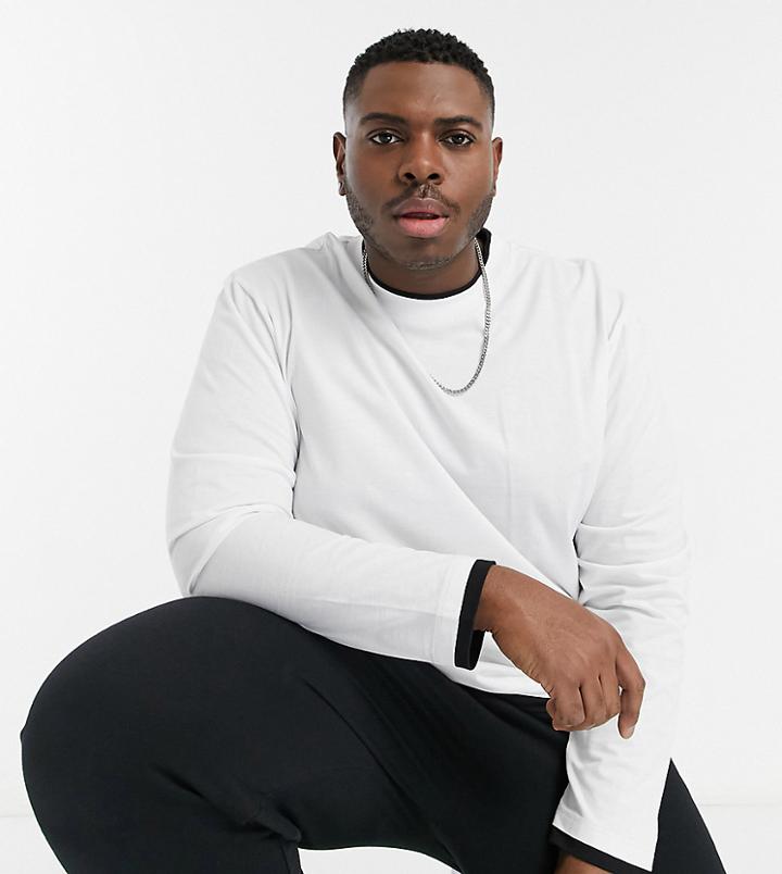Asos Design Plus Long Sleeve Relaxed Double Layer T-shirt In White & Black
