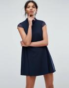 Asos Smock Dress With Pleats And Lace Details - Navy