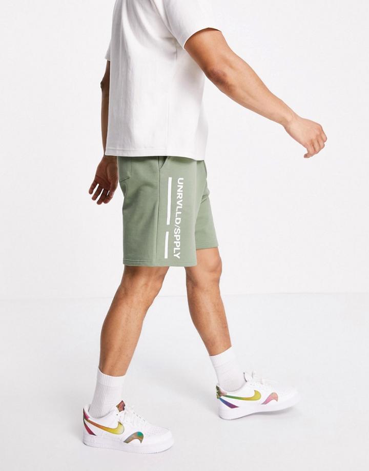 Asos Unrvlld Spply Coordinating Relaxed Shorts In Green With Logo Print